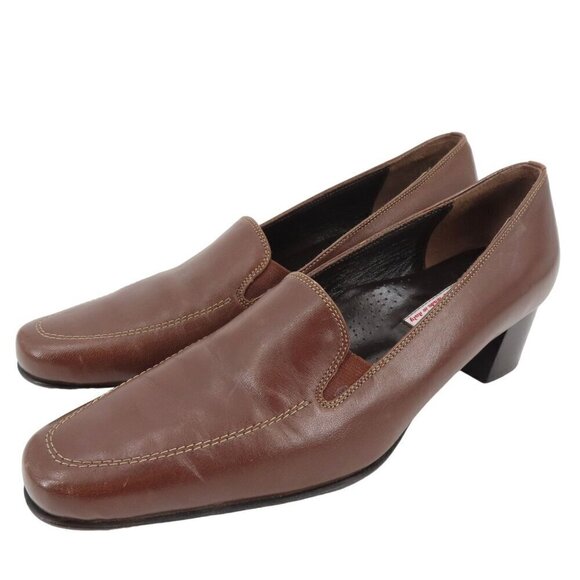 VTG Valleverde Womens 38.5 EUR 8.5 US Brown Leather Loafer Heels Made in Italy - Picture 1 of 16